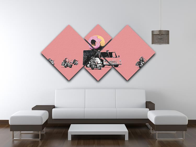 Banksy Doughnut Police Red 4 Square Multi Panel Canvas artwork featuring vibrant red colors and a unique design divided into four panels.