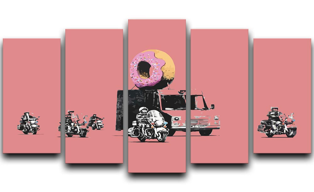 Banksy Doughnut Police Red 5 Split Panel Canvas artwork featuring police officers and doughnuts, vibrant colors, and dynamic split panel design.
