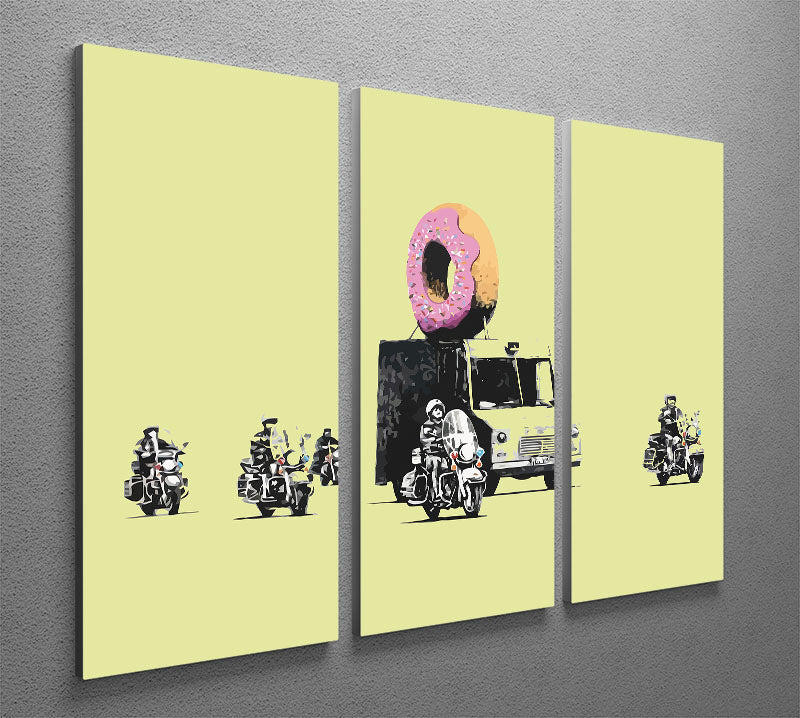 Banksy Doughnut Police Yellow 3 Split Panel Canvas Print showcasing vibrant colors and modern art style.