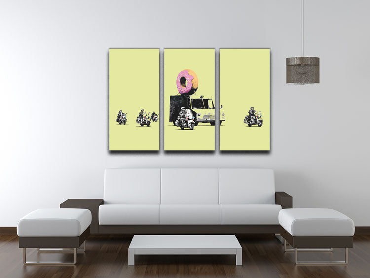 Banksy Doughnut Police Yellow 3 Split Panel Canvas Print showcasing vibrant colors and modern art style.