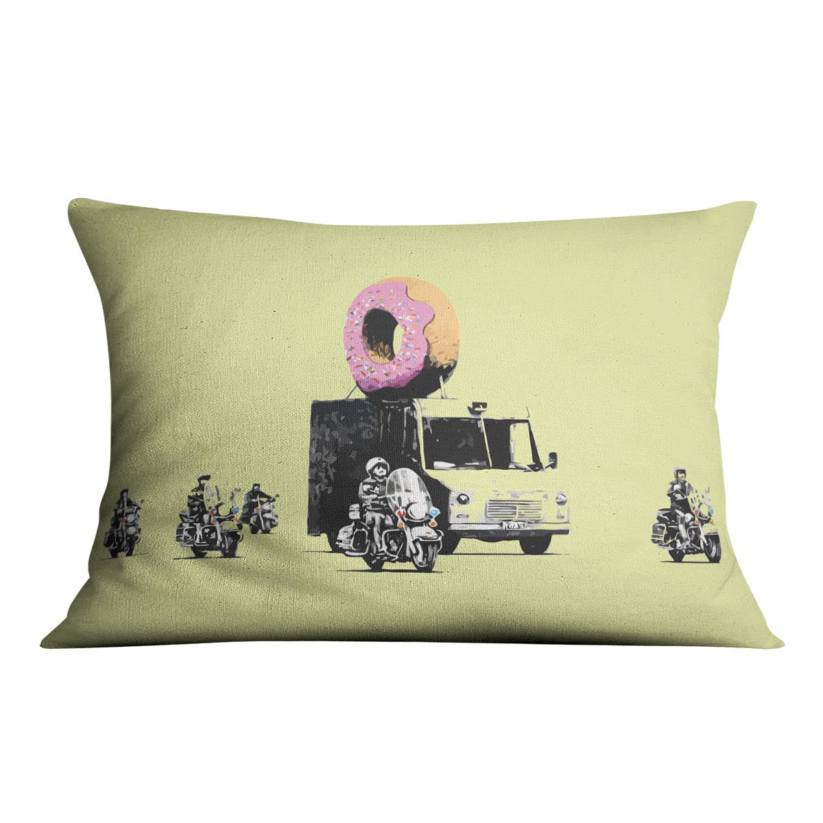 Banksy Doughnut Police Yellow Cushion featuring vibrant abstract design on luxurious vegan faux suede.