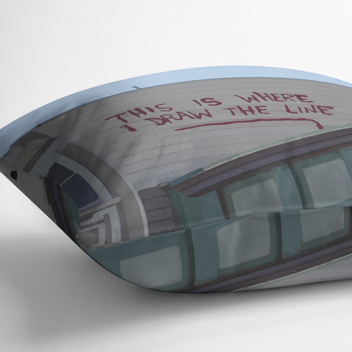 Banksy Draw The Line Cushion featuring vibrant abstract design on luxurious vegan faux suede, perfect for home decor.