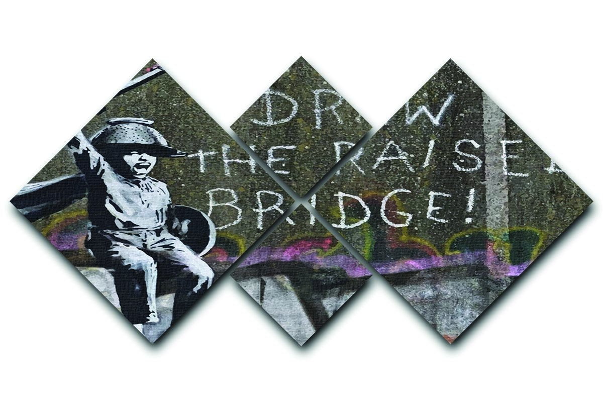 Banksy Draw The Raised Bridge 4 Square Multi Panel Canvas featuring four equal square sections creating a cohesive artwork.