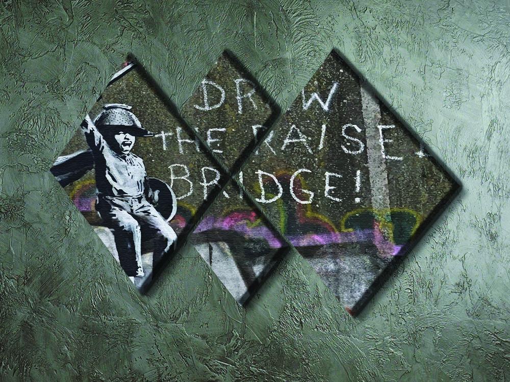 Banksy Draw The Raised Bridge 4 Square Multi Panel Canvas featuring four equal square sections creating a cohesive artwork.
