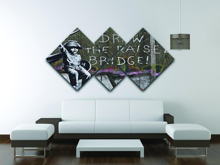 Banksy Draw The Raised Bridge 4 Square Multi Panel Canvas featuring four equal square sections creating a cohesive artwork.