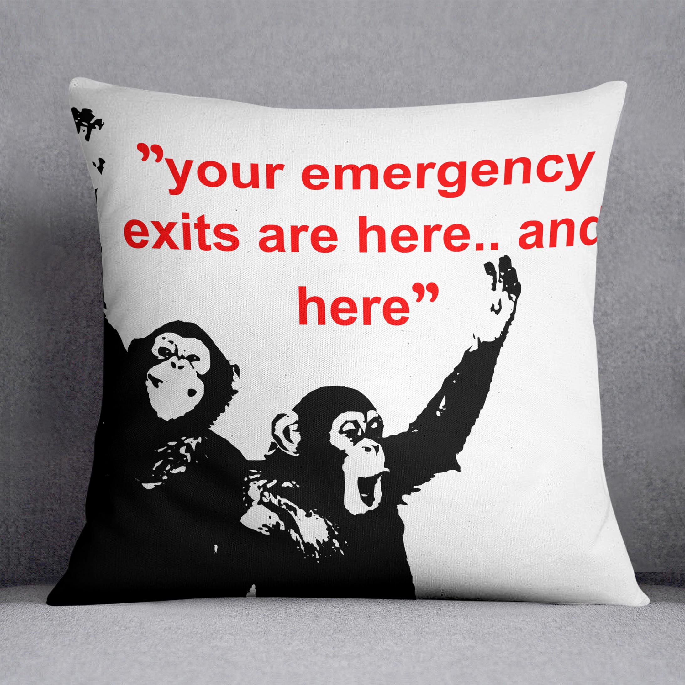 Banksy Emergency Exits Cushion featuring vibrant abstract design on luxurious vegan faux suede, perfect for home decor.