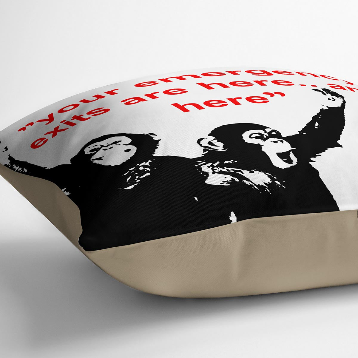 Banksy Emergency Exits Cushion featuring vibrant abstract design on luxurious vegan faux suede, perfect for home decor.