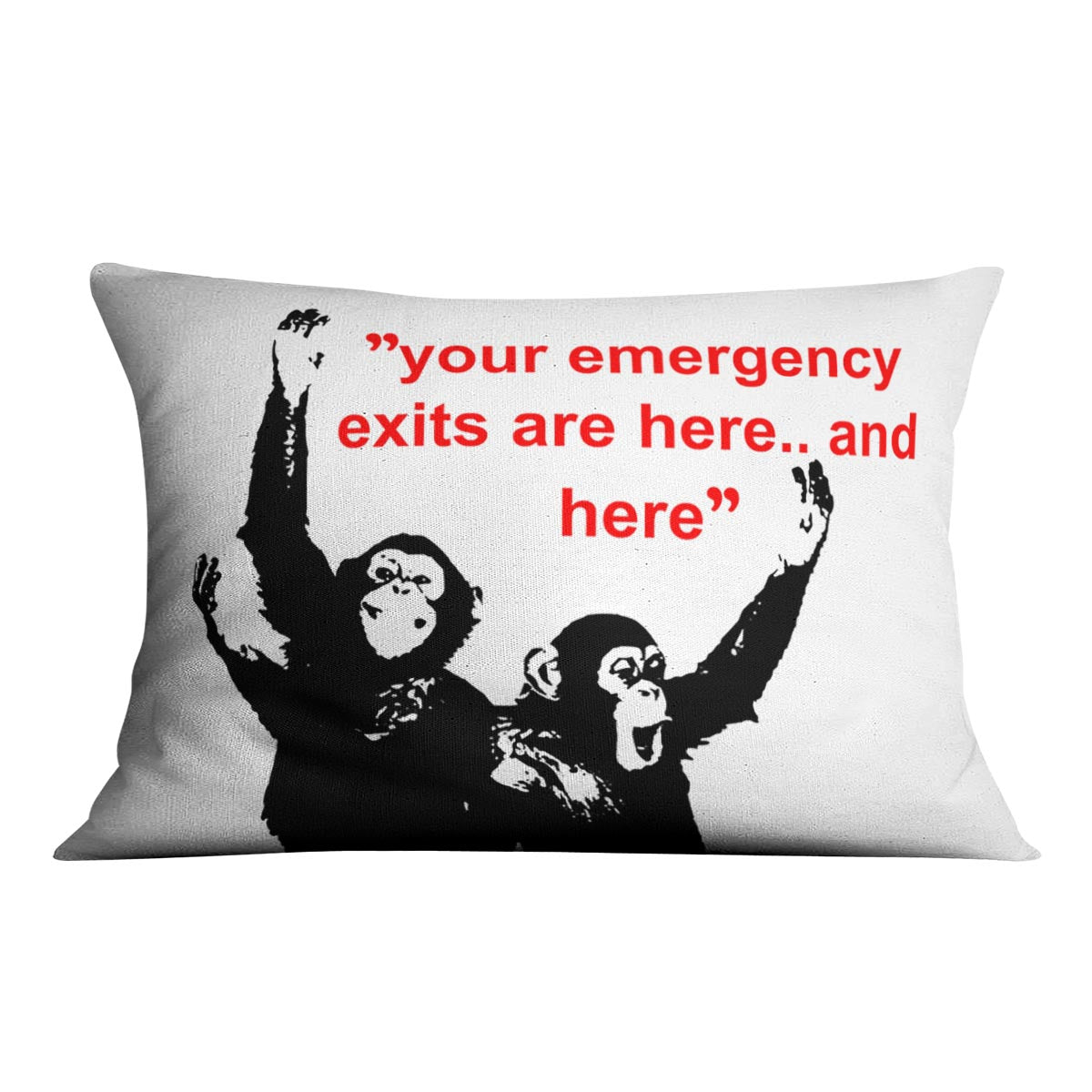 Banksy Emergency Exits Cushion featuring vibrant abstract design on luxurious vegan faux suede, perfect for home decor.