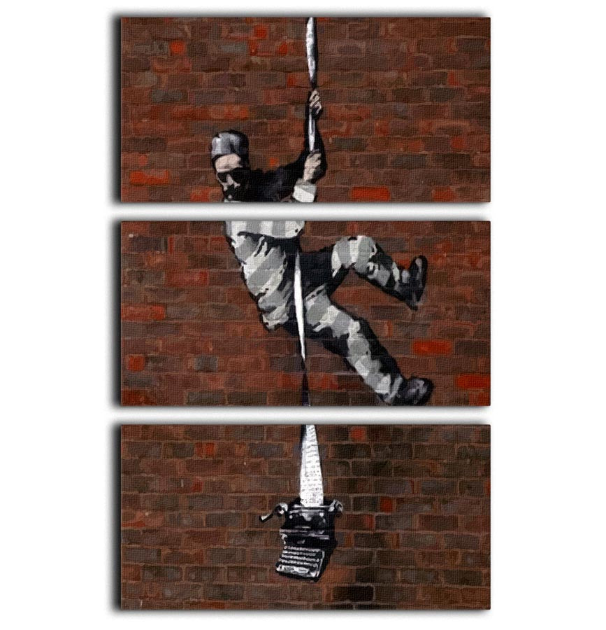 Banksy Escaping Prisoner 3 Split Panel Canvas Print featuring three panels of striking artwork depicting a prisoner escaping.