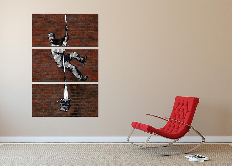 Banksy Escaping Prisoner 3 Split Panel Canvas Print featuring three panels of striking artwork depicting a prisoner escaping.
