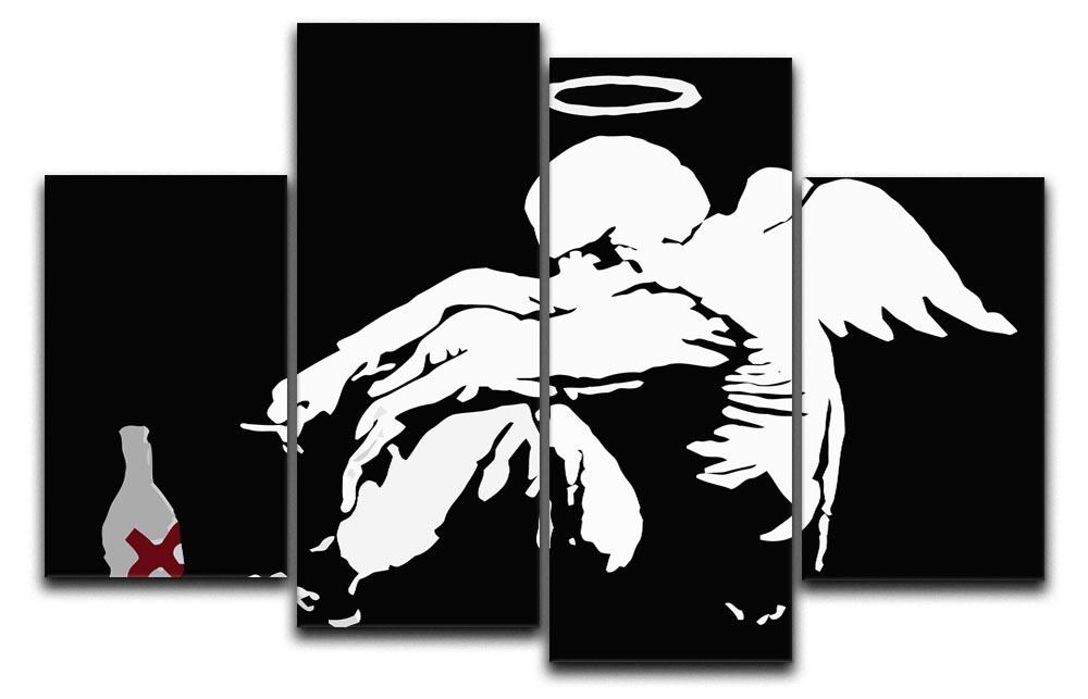 Banksy Fallen Angel 4 Split Panel Canvas artwork featuring four panels that create a cohesive image with vibrant colors and striking details.