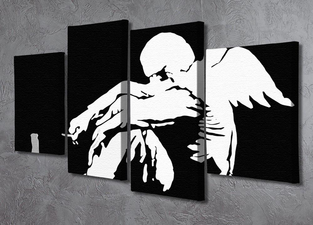 Banksy Fallen Angel 4 Split Panel Canvas artwork featuring four panels that create a cohesive image with vibrant colors and striking details.