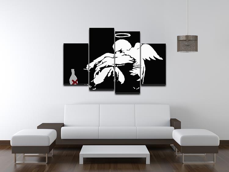 Banksy Fallen Angel 4 Split Panel Canvas artwork featuring four panels that create a cohesive image with vibrant colors and striking details.
