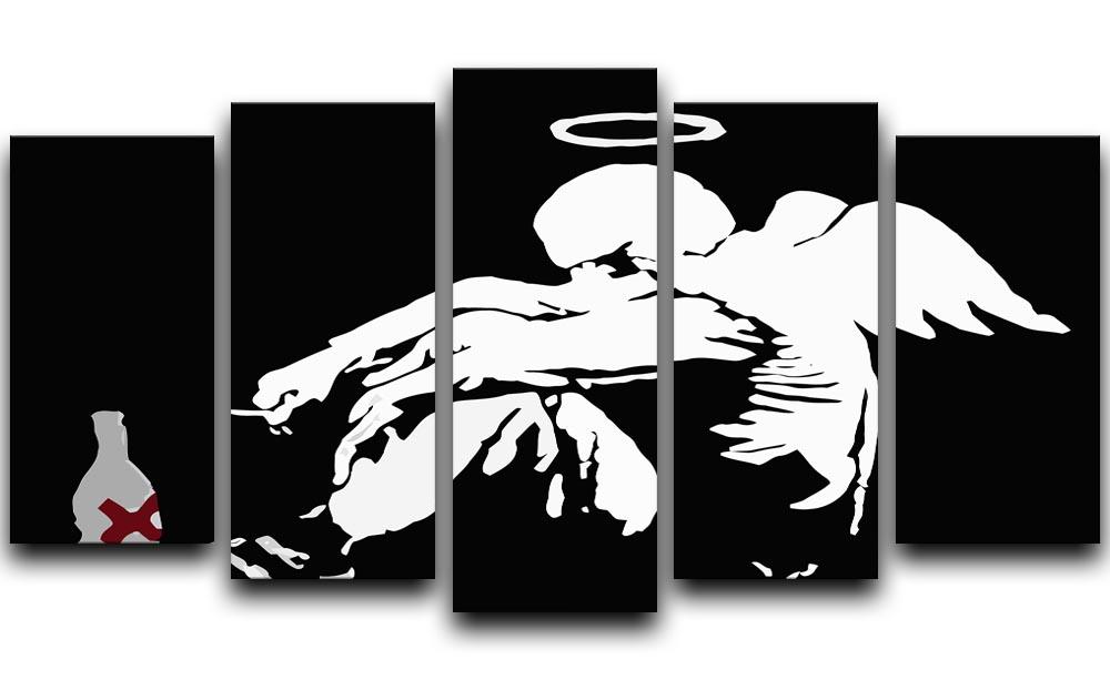 Banksy Fallen Angel 5 Split Panel Canvas artwork featuring a striking design divided into five panels, perfect for modern decor.