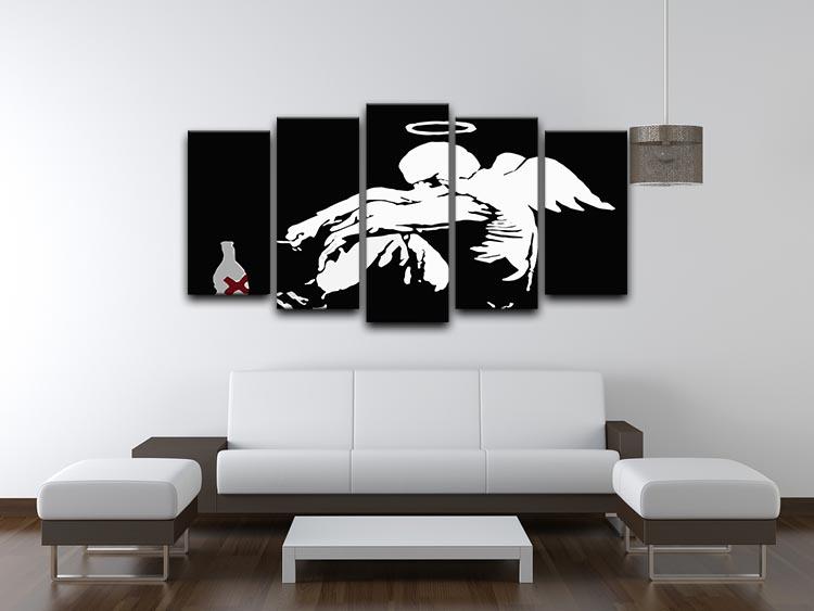 Banksy Fallen Angel 5 Split Panel Canvas artwork featuring a striking design divided into five panels, perfect for modern decor.