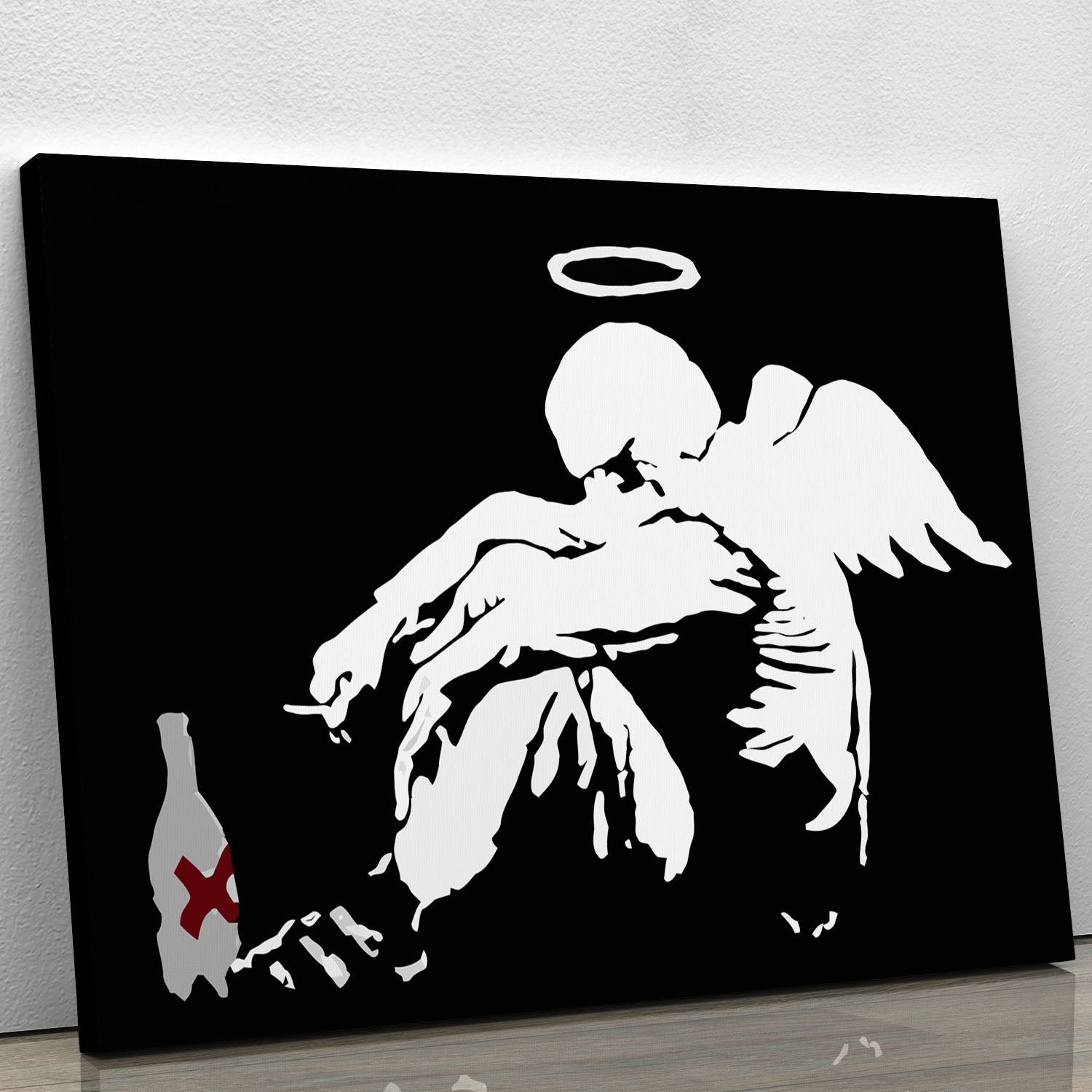 Banksy Fallen Angel canvas print showcasing a striking modern art design with vibrant colors and intricate details, perfect for home decor.