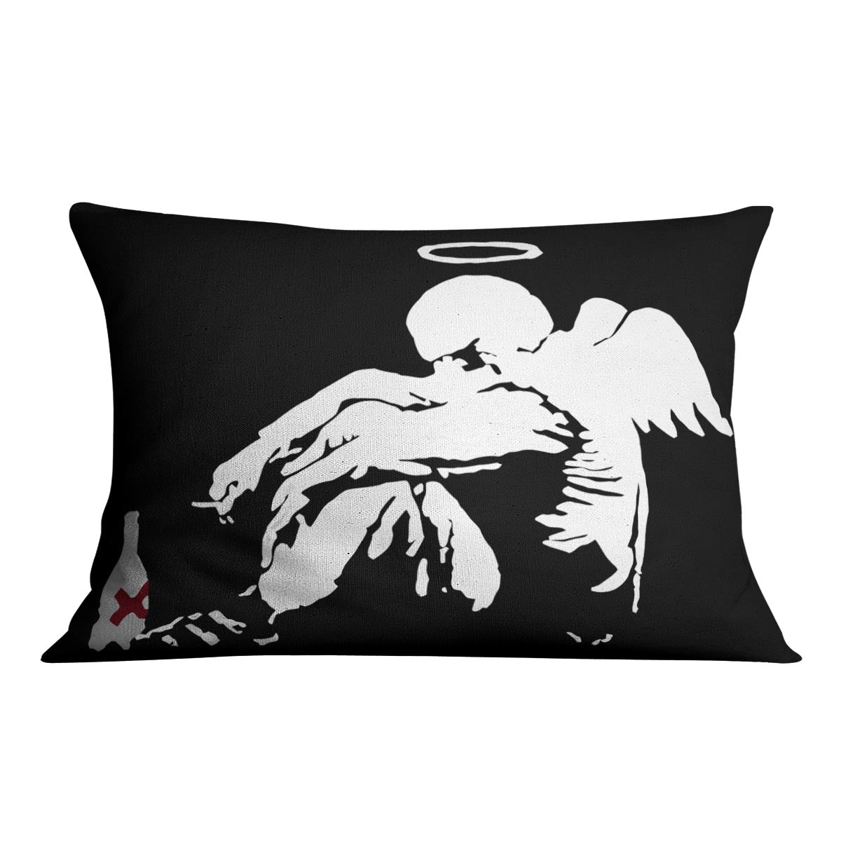 Banksy Fallen Angel Cushion featuring vibrant abstract design on luxurious vegan faux suede.