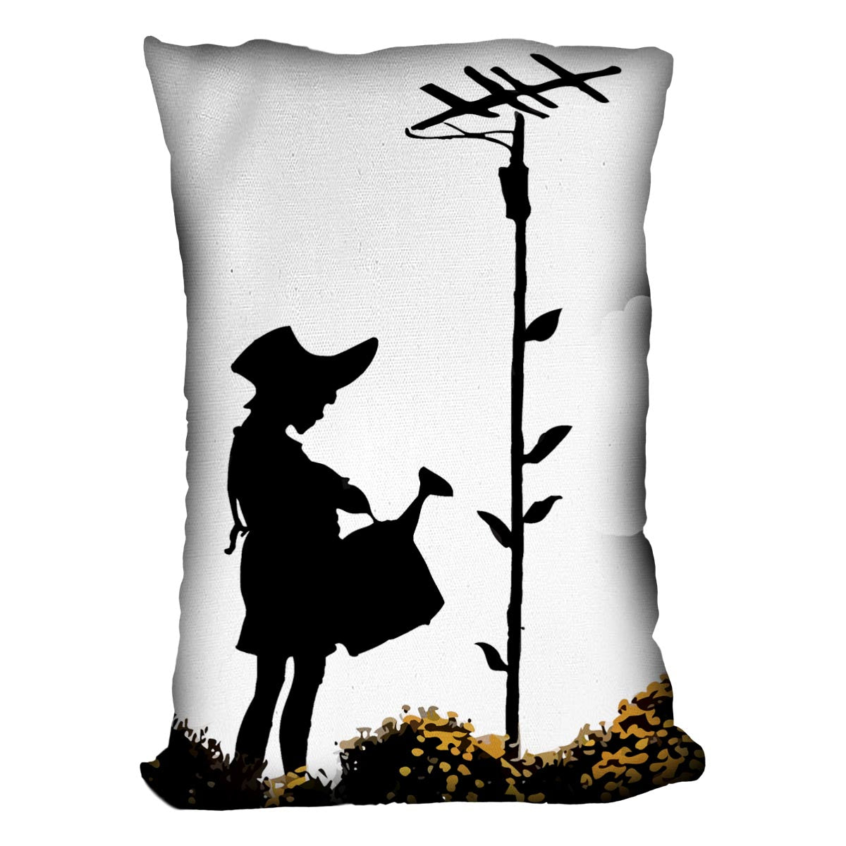 Banksy Flower Aerial Girl Cushion featuring vibrant colors and abstract design on luxurious vegan faux suede.