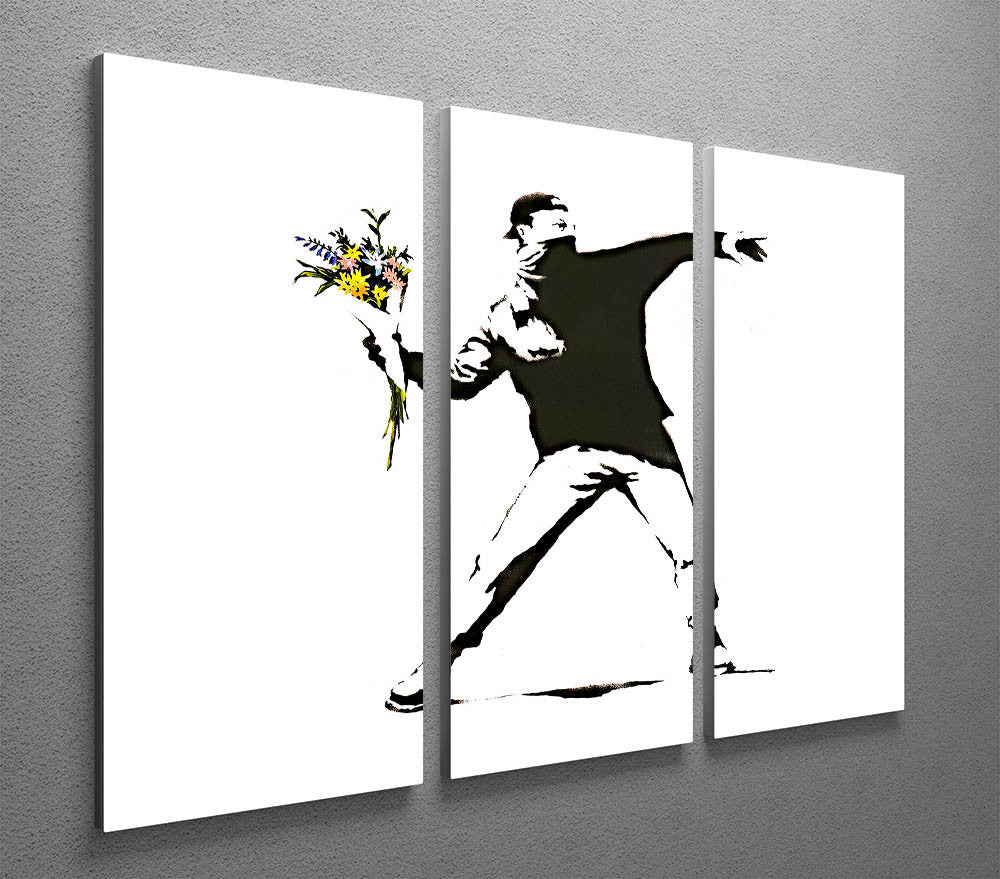 Banksy Flower Thrower 3 Split Canvas Print showcasing vibrant colors and striking design across three panels.