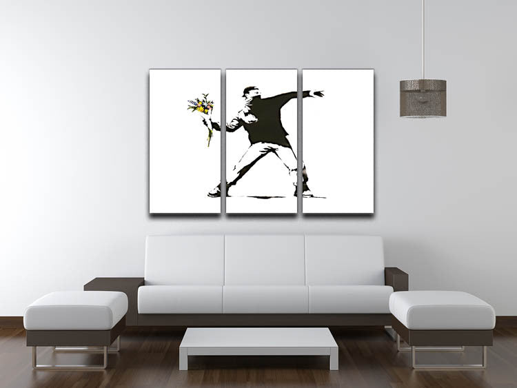 Banksy Flower Thrower 3 Split Canvas Print showcasing vibrant colors and striking design across three panels.
