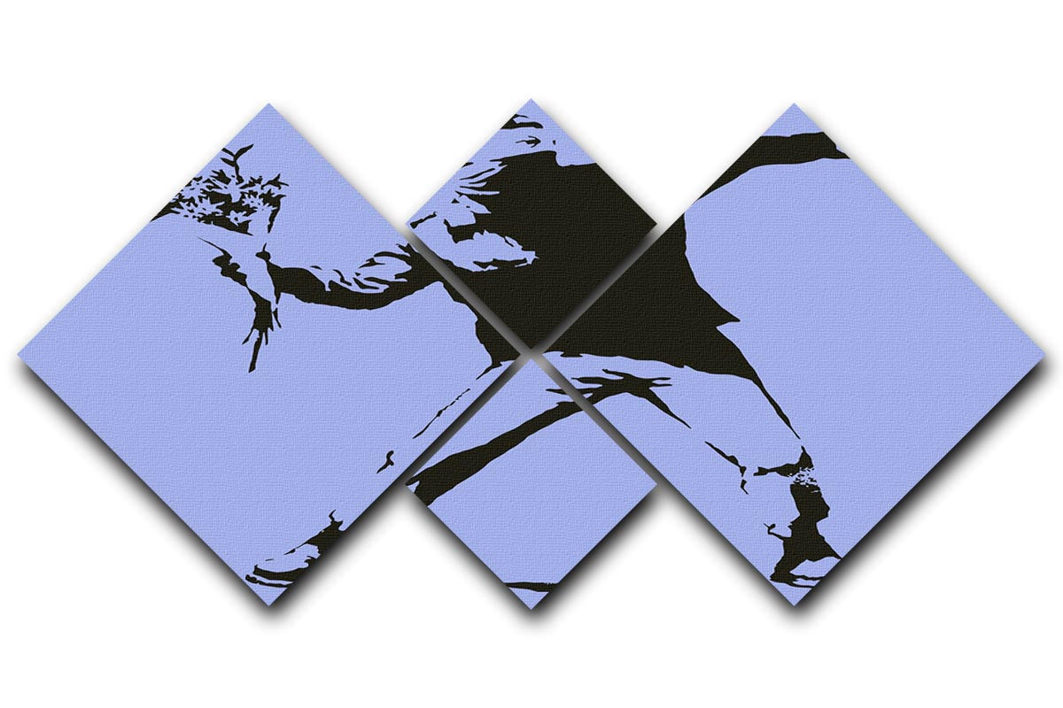 Banksy Flower Thrower Blue 4 Square Multi Panel Canvas artwork featuring a vibrant blue background and iconic flower thrower design.