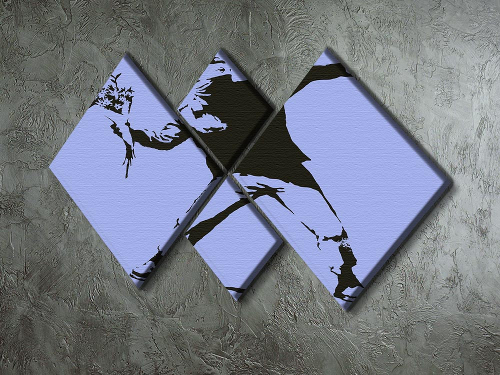 Banksy Flower Thrower Blue 4 Square Multi Panel Canvas artwork featuring a vibrant blue background and iconic flower thrower design.