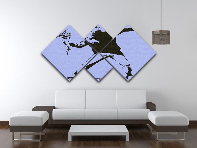 Banksy Flower Thrower Blue 4 Square Multi Panel Canvas artwork featuring a vibrant blue background and iconic flower thrower design.