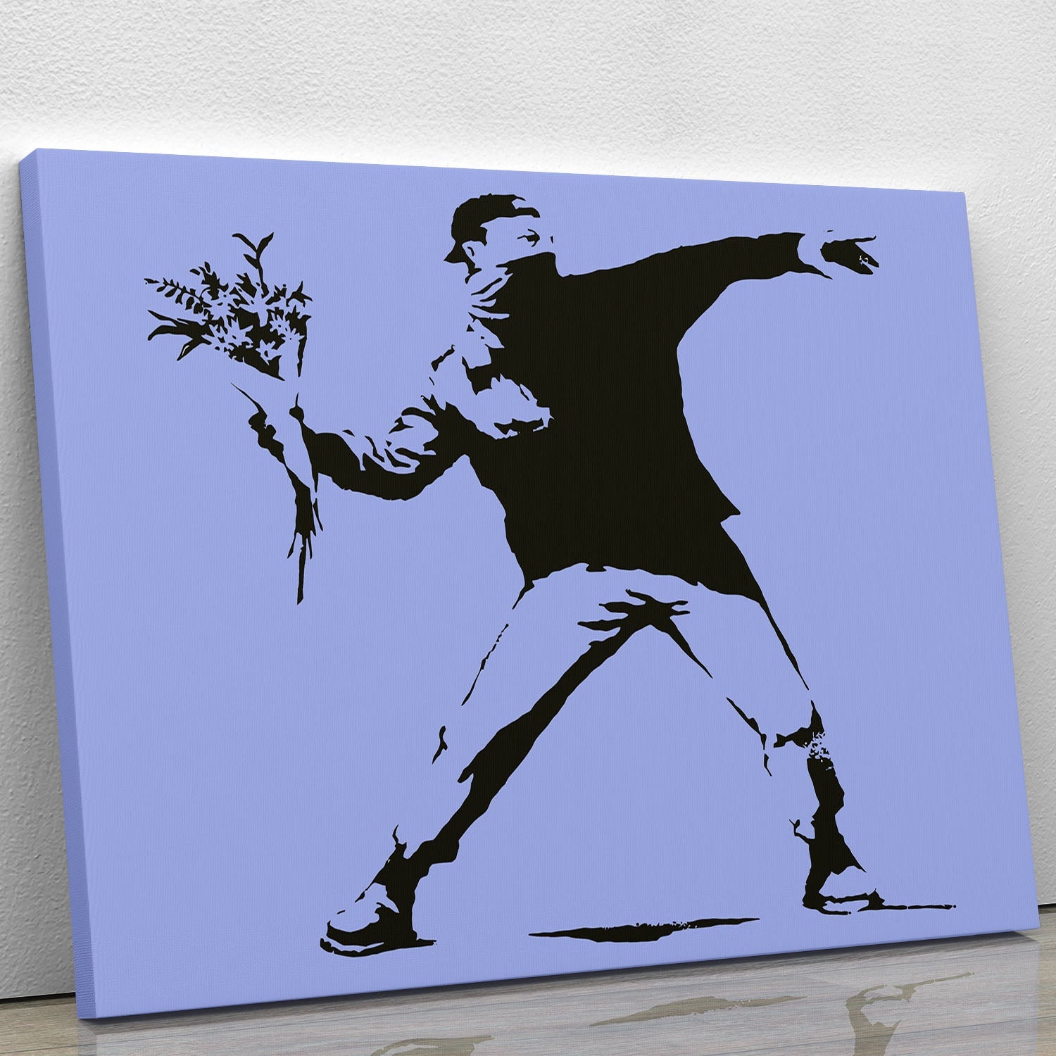 Banksy Flower Thrower Blue Canvas Print featuring a figure throwing flowers, symbolizing peace and protest in vibrant blue tones.