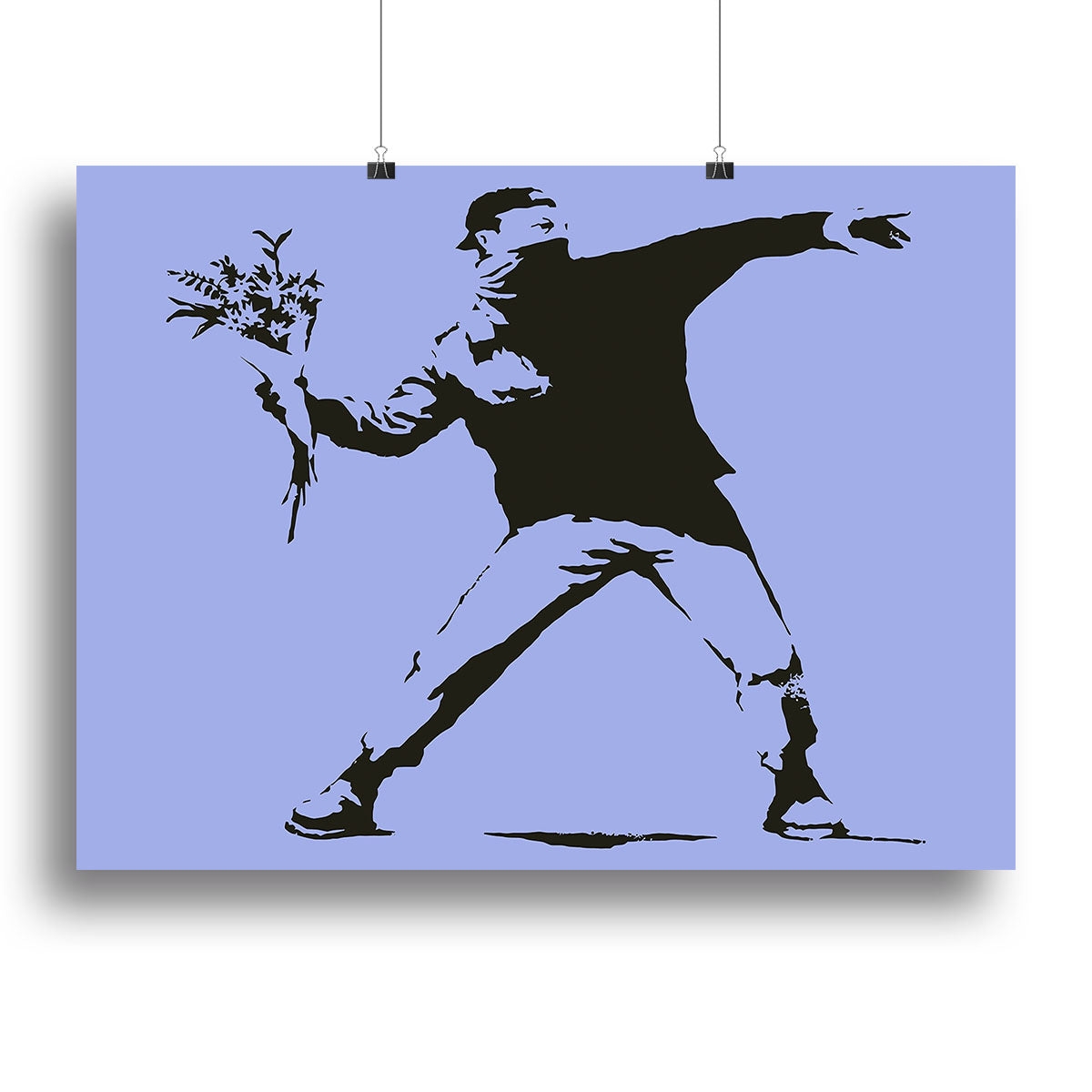 Banksy Flower Thrower Blue Canvas Print featuring a figure throwing flowers, symbolizing peace and protest in vibrant blue tones.