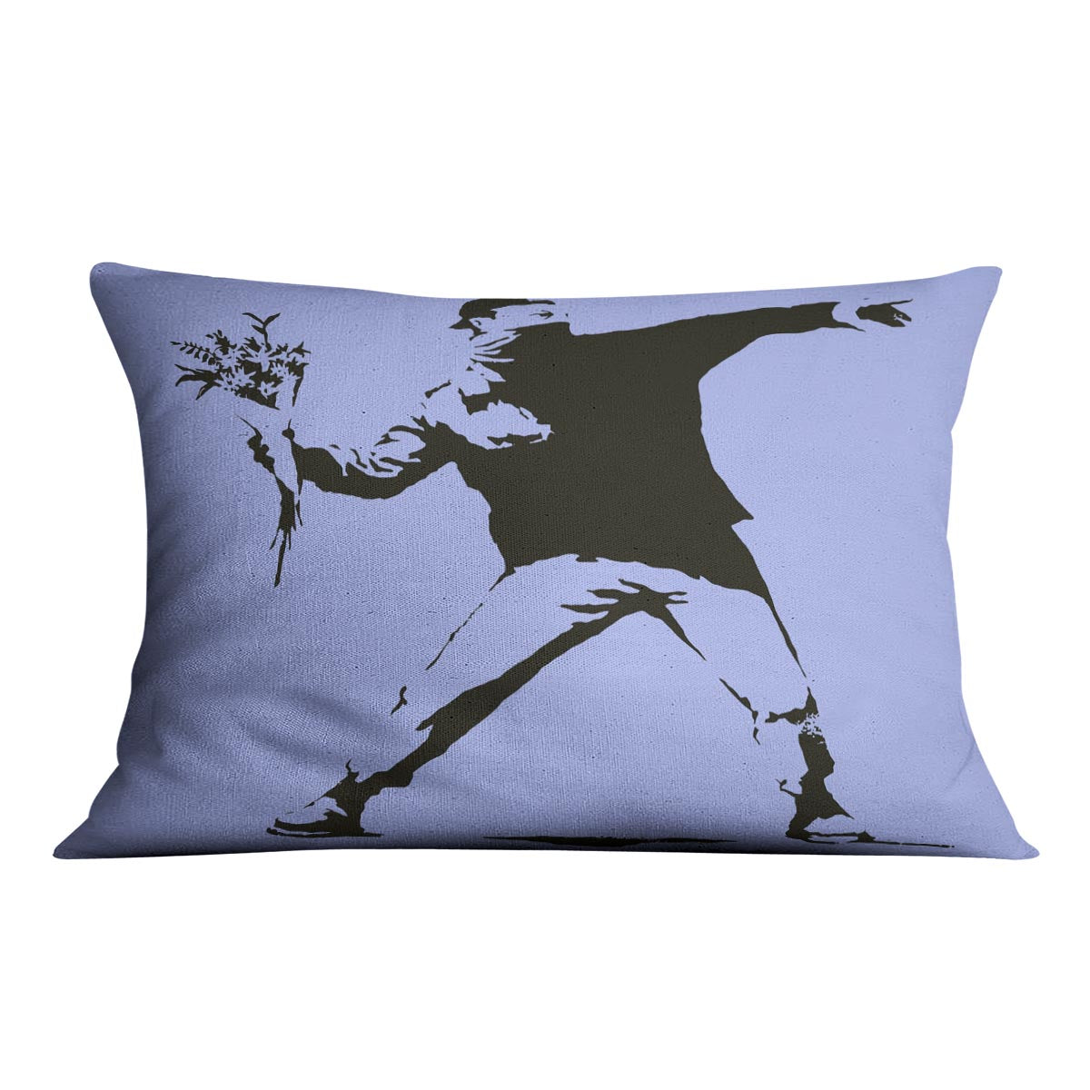 Banksy Flower Thrower Blue Cushion featuring vibrant abstract design on luxurious vegan faux suede.