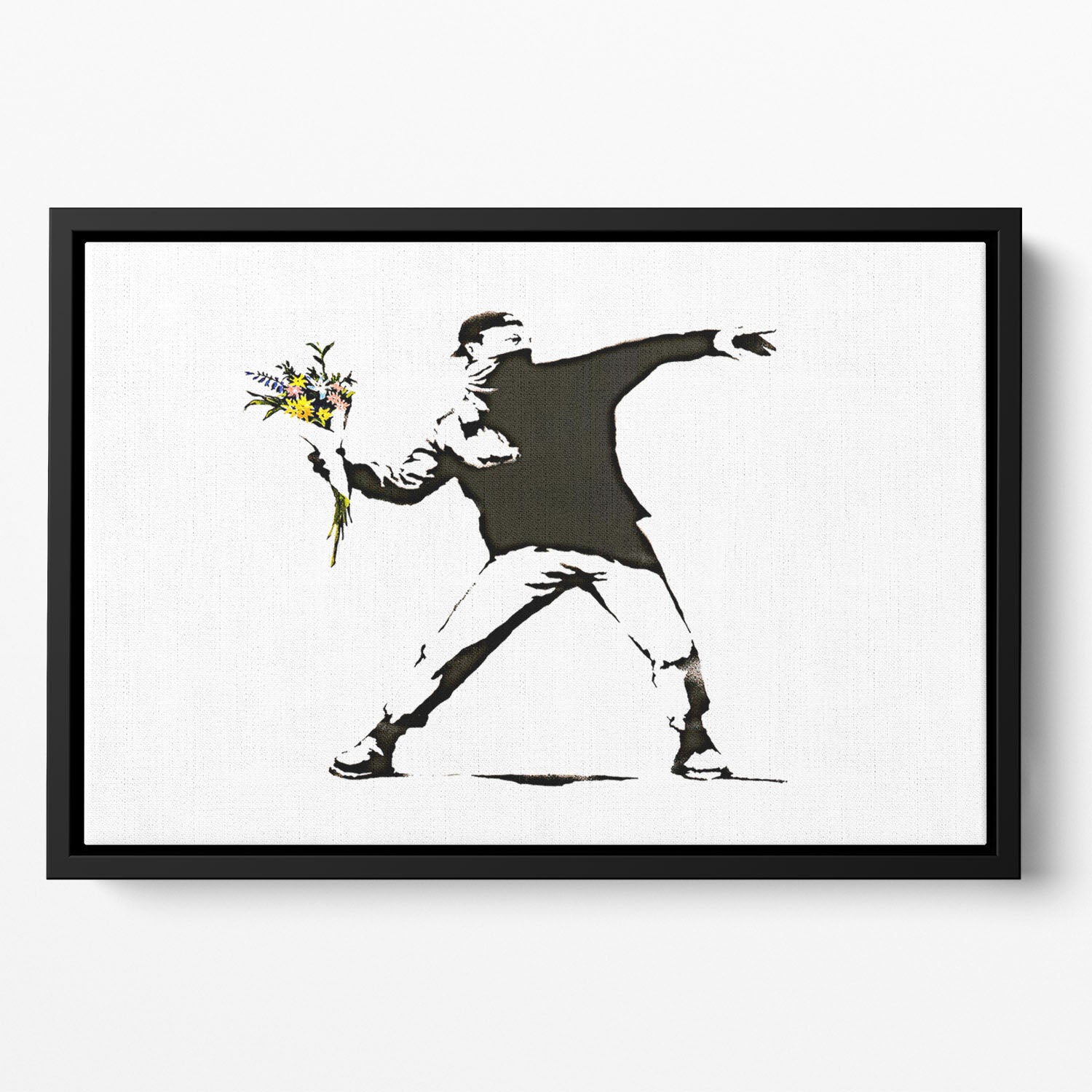 Banksy Flower Thrower Floating Framed Canvas featuring vibrant colors and a unique floating frame design, perfect for modern home decor.