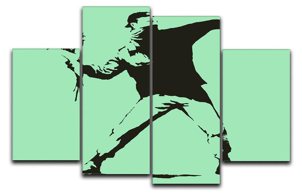 Banksy Flower Thrower Green 4 Split Panel Canvas artwork featuring a protester throwing flowers, divided into four panels.