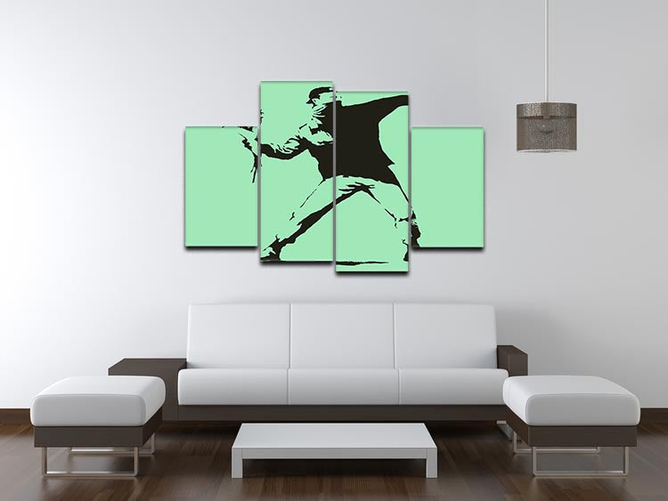 Banksy Flower Thrower Green 4 Split Panel Canvas artwork featuring a protester throwing flowers, divided into four panels.