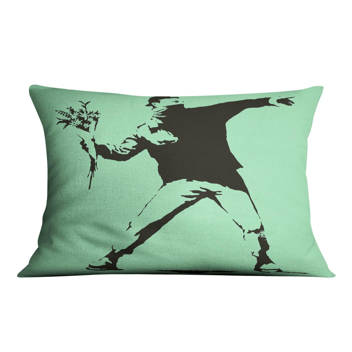 Banksy Flower Thrower Green Cushion featuring vibrant abstract design on luxurious vegan faux suede.