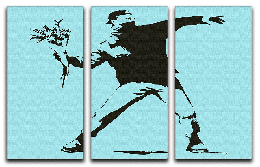 Banksy Flower Thrower Light Blue 3 Split Panel Canvas Print showcasing vibrant colors and modern art design.