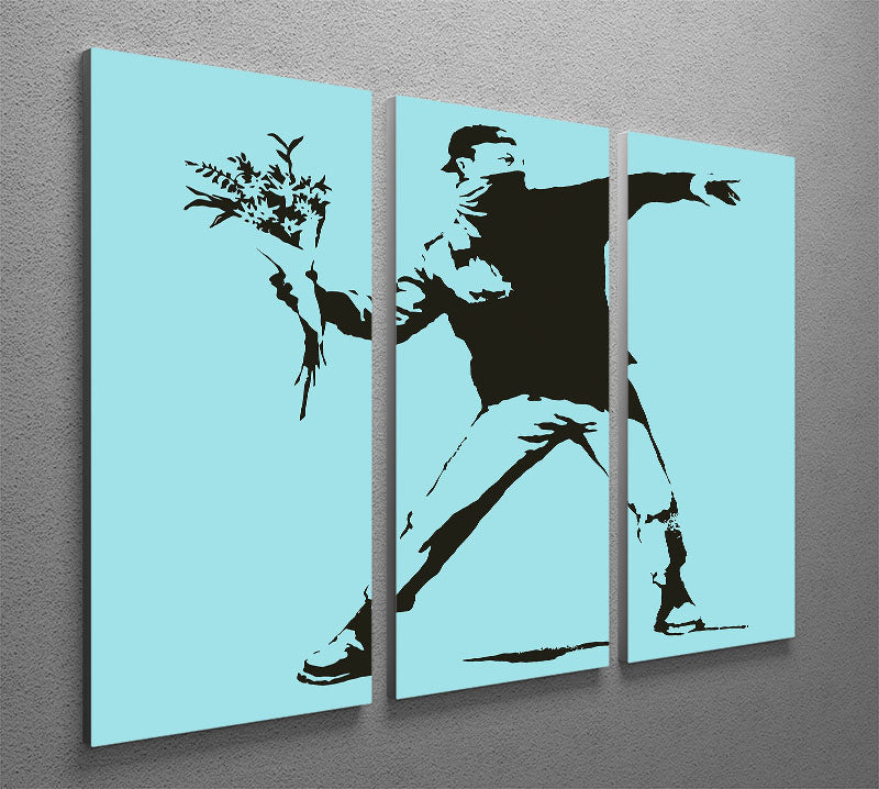 Banksy Flower Thrower Light Blue 3 Split Panel Canvas Print showcasing vibrant colors and modern art design.