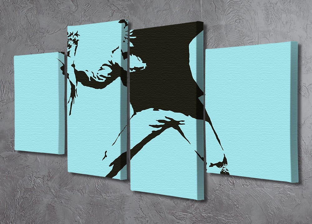Banksy Flower Thrower Light Blue 4 Split Panel Canvas artwork displayed in a modern setting, showcasing four panels that create a cohesive image.