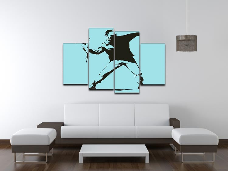 Banksy Flower Thrower Light Blue 4 Split Panel Canvas artwork displayed in a modern setting, showcasing four panels that create a cohesive image.