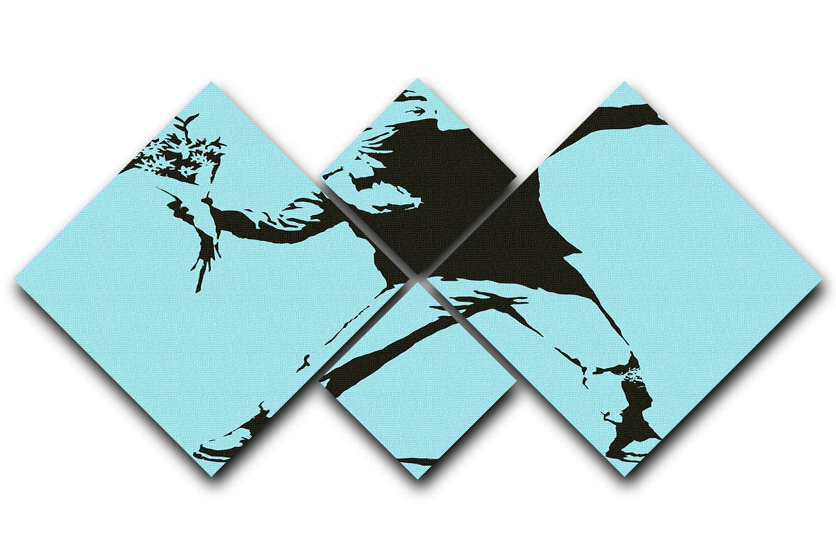 Banksy Flower Thrower Light Blue 4 Square Multi Panel Canvas artwork featuring a protester throwing flowers, divided into four equal panels.