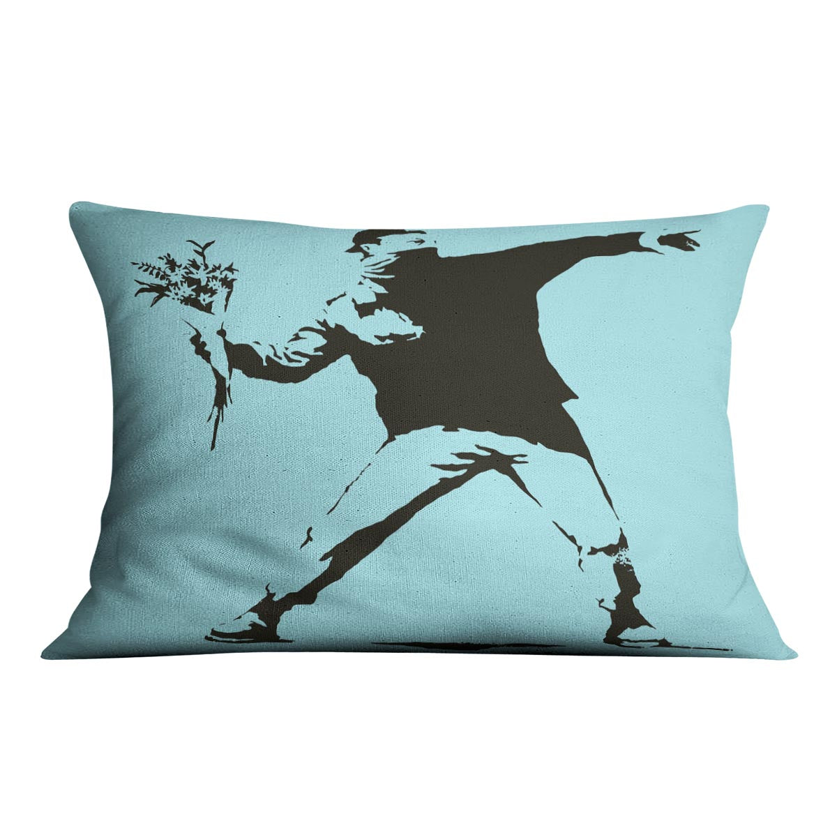 Banksy Flower Thrower Light Blue Cushion featuring vibrant abstract design on luxurious vegan faux suede.