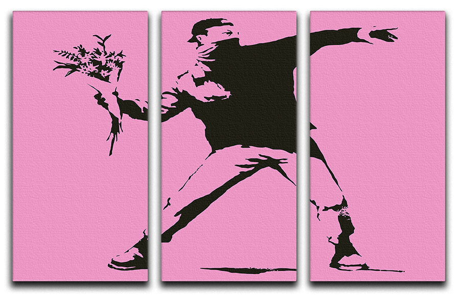Banksy Flower Thrower Pink 3-panel canvas print showcasing vibrant colors and modern art design, perfect for home or office decor.