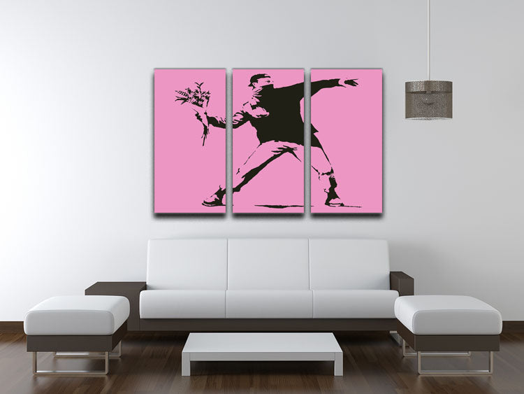 Banksy Flower Thrower Pink 3-panel canvas print showcasing vibrant colors and modern art design, perfect for home or office decor.