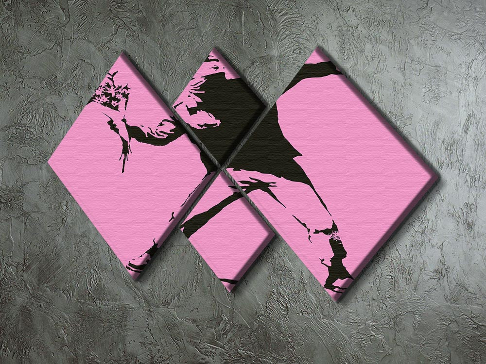 Banksy Flower Thrower Pink 4 Square Multi Panel Canvas artwork featuring vibrant pink colors and iconic street art design.