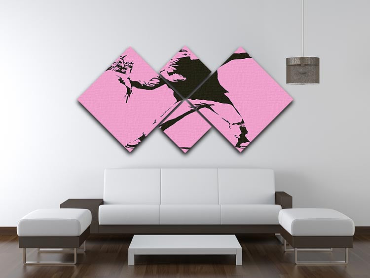 Banksy Flower Thrower Pink 4 Square Multi Panel Canvas artwork featuring vibrant pink colors and iconic street art design.