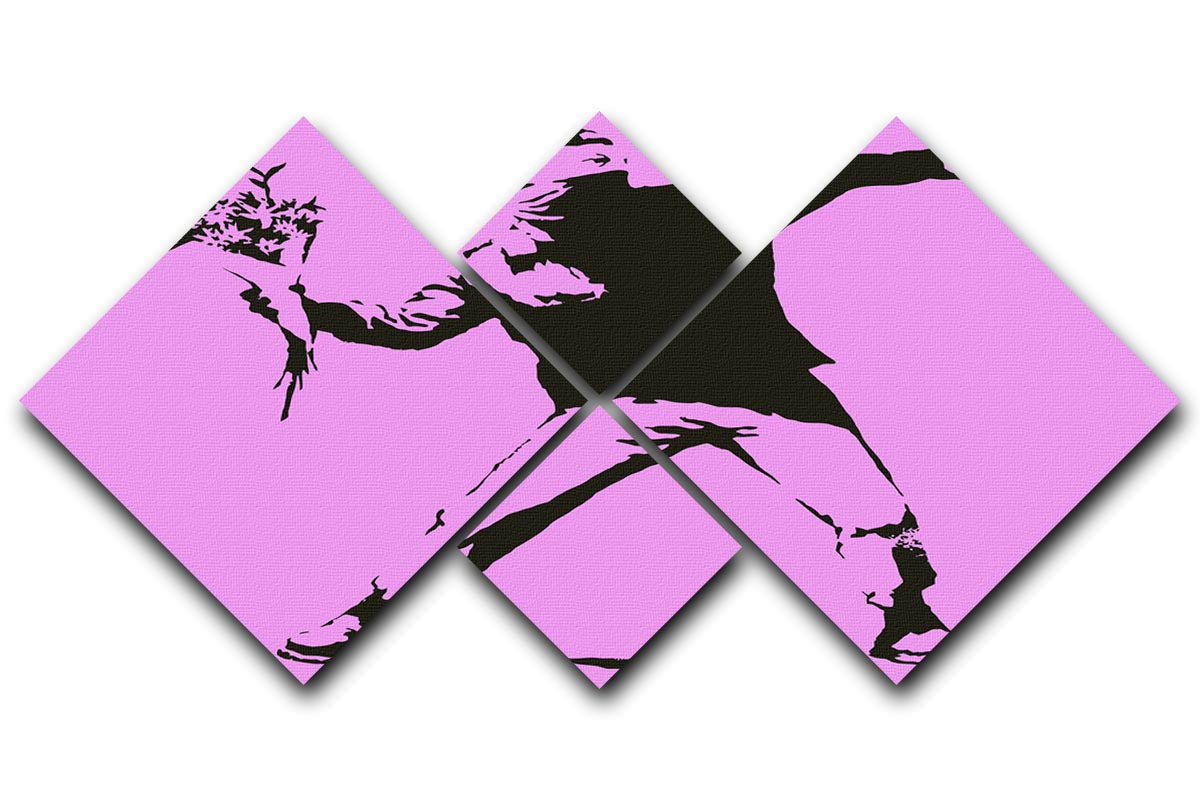 Banksy Flower Thrower Purple 4 Square Multi Panel Canvas artwork featuring a vibrant purple color scheme and iconic street art design.