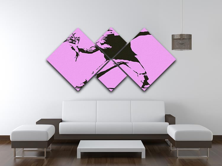 Banksy Flower Thrower Purple 4 Square Multi Panel Canvas artwork featuring a vibrant purple color scheme and iconic street art design.