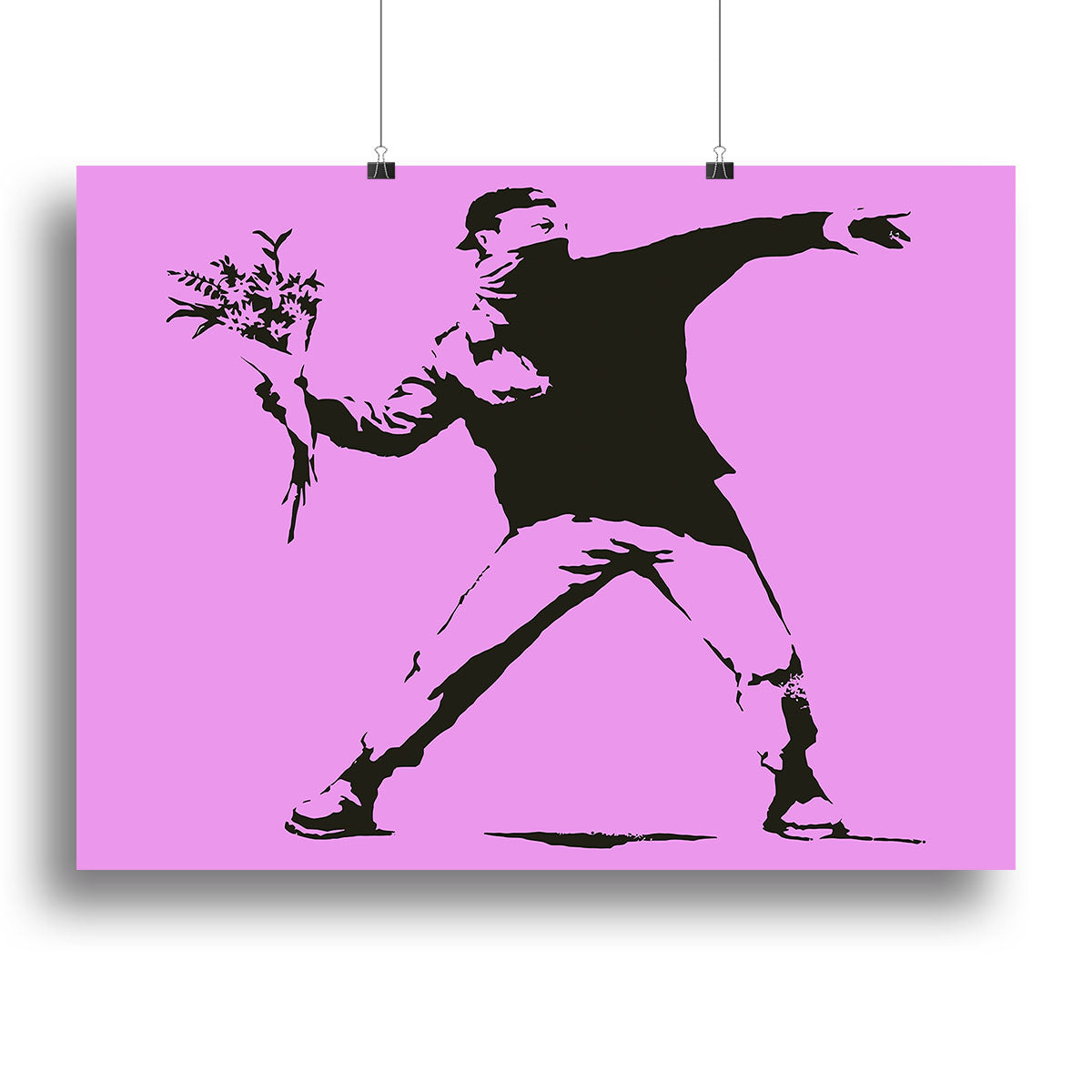 Banksy Flower Thrower Purple Canvas Print featuring a vibrant purple background with a figure throwing flowers, symbolizing peace and protest.