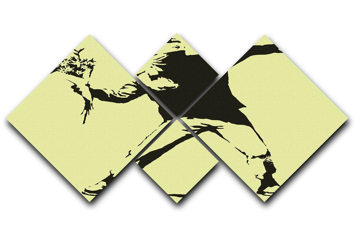Banksy Flower Thrower Yellow 4 Square Multi Panel Canvas artwork featuring vibrant yellow background and iconic flower thrower design.