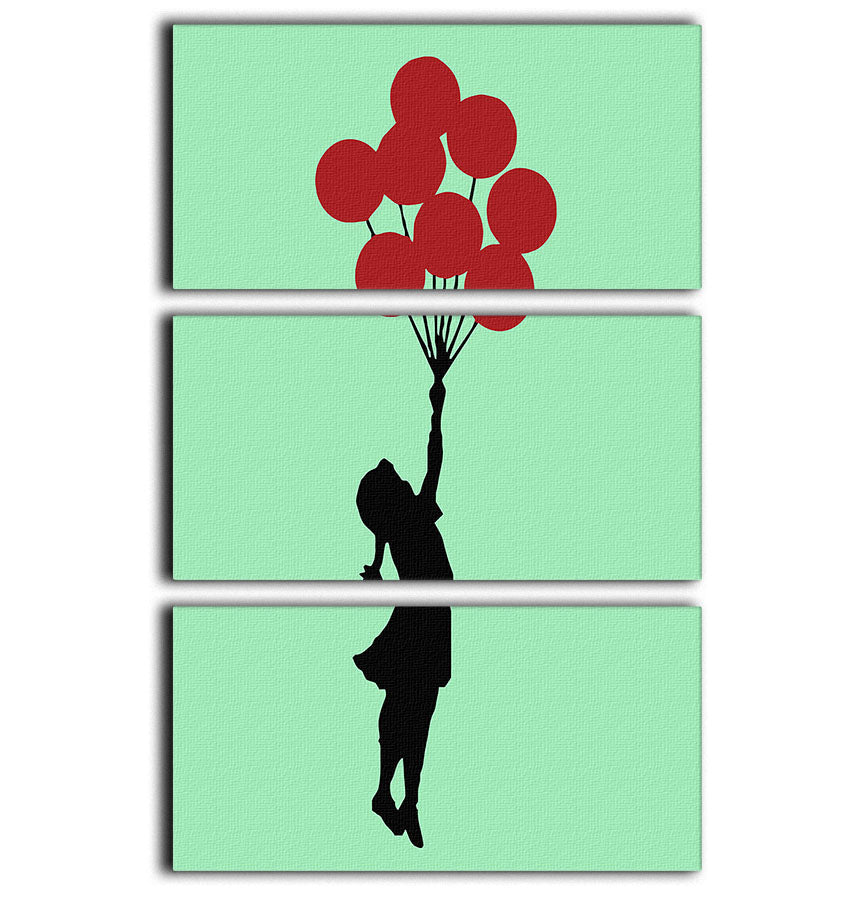 Banksy Flying Balloon Girl Green 3 Split Panel Canvas Print showcasing three panels of vibrant art featuring a girl with a balloon.