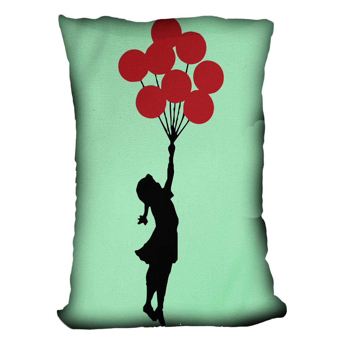 Banksy Flying Balloon Girl Green Cushion featuring vibrant colors and luxurious vegan faux suede material, perfect for home decor.